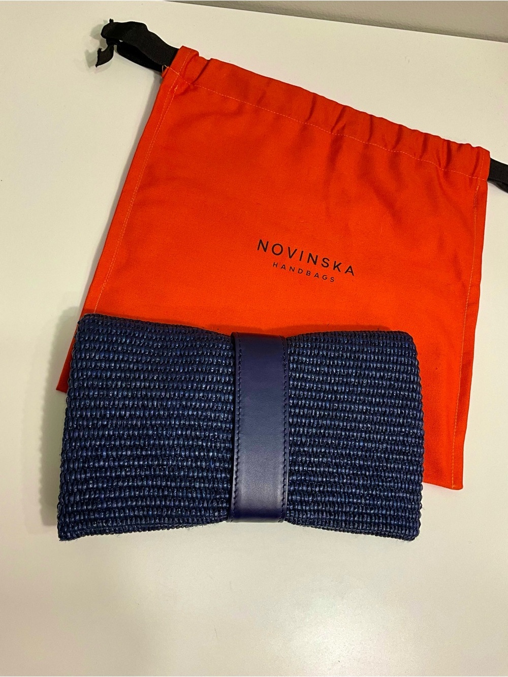 NOVINSKA Navy Blue Woven Foldover Raffia Clutch Bag Lamb Leather - Picture 5 of 8